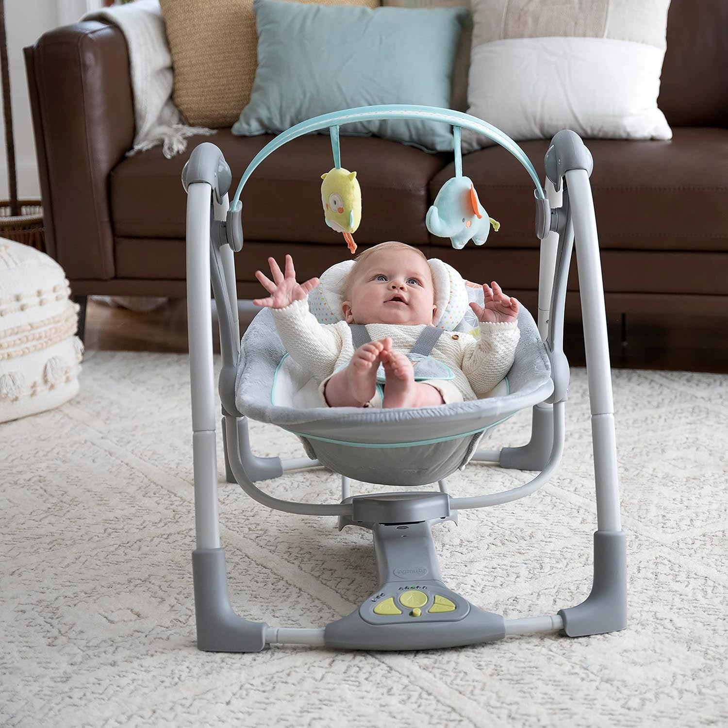 Ingenuity Swing 'n Go 5-Speed Baby Swing - Foldable, Portable, 2 Plush Toys & Sounds